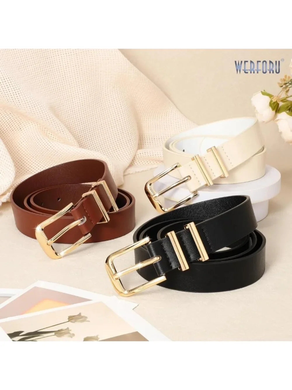 Stylish 3-Pack Women's Leather Belts with Gold Buckle for Jeans & Pants